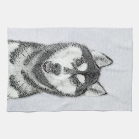Siberische Husky (zwart en wit) schilderende hond  Theedoek (Horizontaal)