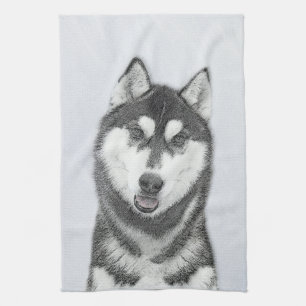 Siberische Husky (zwart en wit) schilderende hond Theedoek