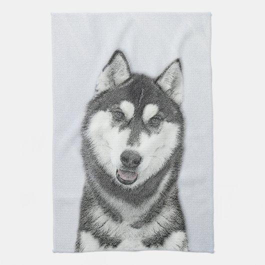 Siberische Husky (zwart en wit) schilderende hond  Theedoek (Verticaal)