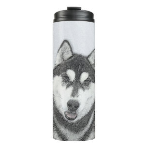 Siberische Husky (zwart en wit) schilderende hond  Thermosbeker
