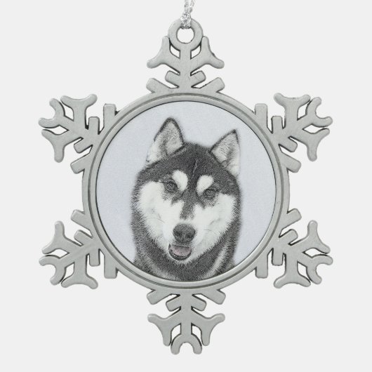 Siberische Husky (zwart en wit) schilderende hond  Tin Sneeuwvlok Ornament (Voorkant)