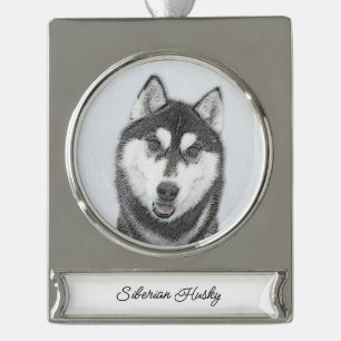 Siberische Husky (zwart en wit) schilderende hond Verzilverd Banner Ornament