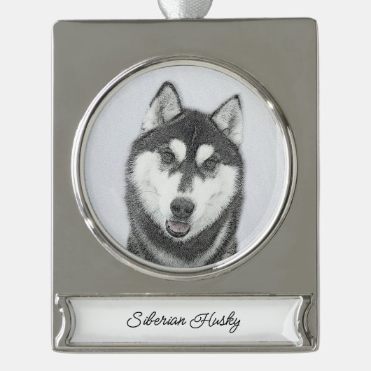Siberische Husky (zwart en wit) schilderende hond  Verzilverd Banner Ornament (Voorkant)