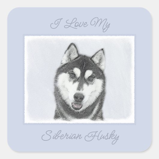 Siberische Husky (zwart en wit) schilderende hond  Vierkante Sticker (Voorkant)