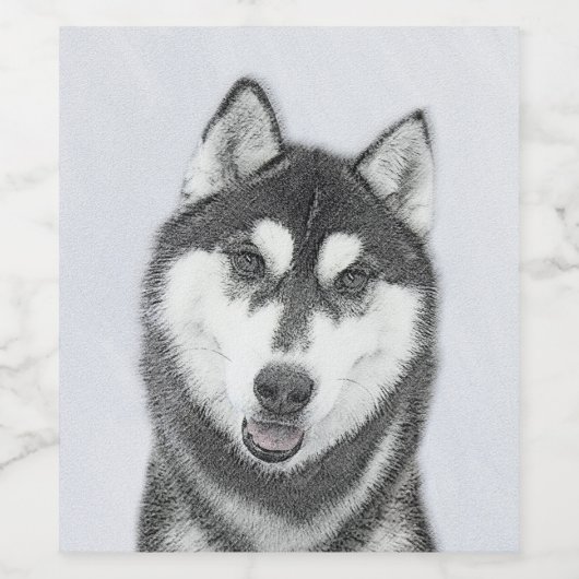 Siberische Husky (zwart en wit) schilderende hond Wijn Etiket (Enkel label)