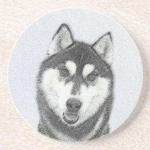 Siberische Husky (zwart en wit) schilderende hond  Zandsteen Onderzetter