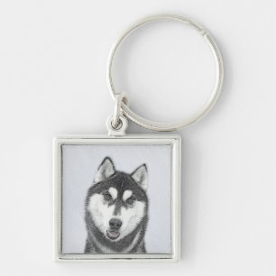 Siberische Husky (Zwart en Wit) Schilderij Honden Sleutelhanger