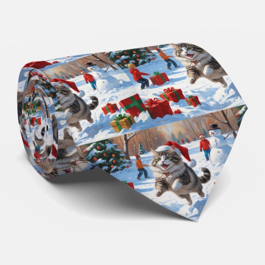 Siberische kat die rent in de sneeuw met kerstmuts stropdas (Opgerold)