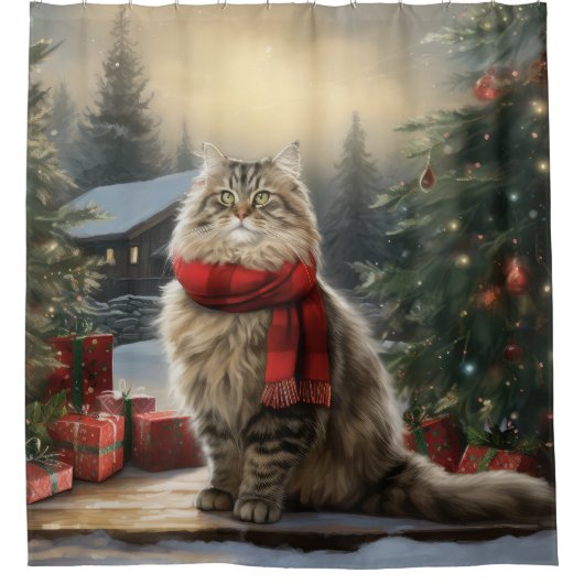 Siberische Kat in Sneeuw Kerstmis Douchegordijn (Voorkant)