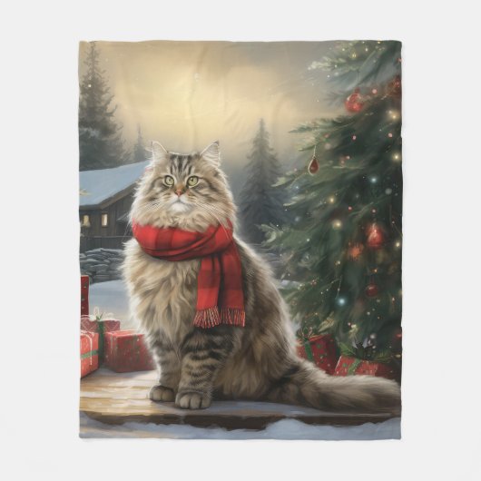 Siberische Kat in Sneeuw Kerstmis Fleece Deken (Voorkant)