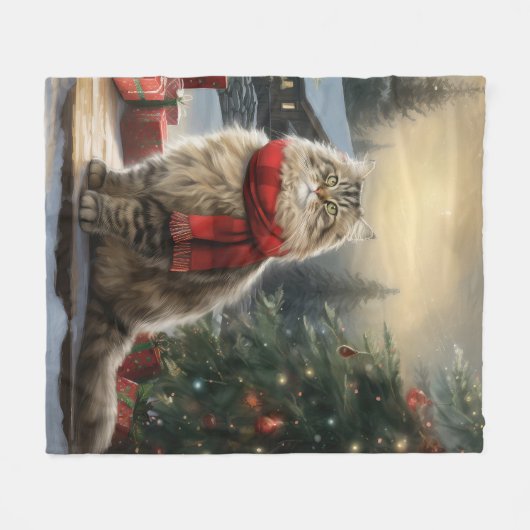 Siberische Kat in Sneeuw Kerstmis Fleece Deken (Voorkant (Horizontaal))