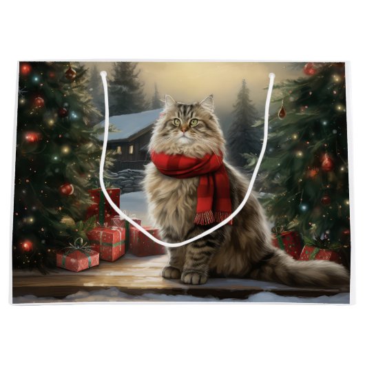 Siberische Kat in Sneeuw Kerstmis Groot Cadeauzakje (Voorkant)