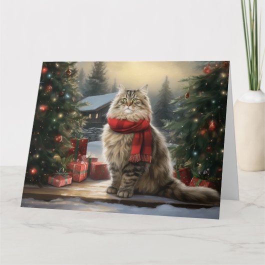 Siberische Kat in Sneeuw Kerstmis Kaart (Voorkant)