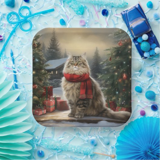 Siberische Kat in Sneeuw Kerstmis Papieren Bordje (Feest)