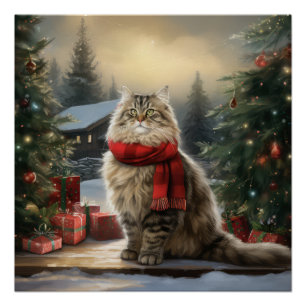 Siberische Kat in Sneeuw Kerstmis Perfect Poster