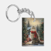 Siberische Kat in Sneeuw Kerstmis Sleutelhanger (Voorkant Links)