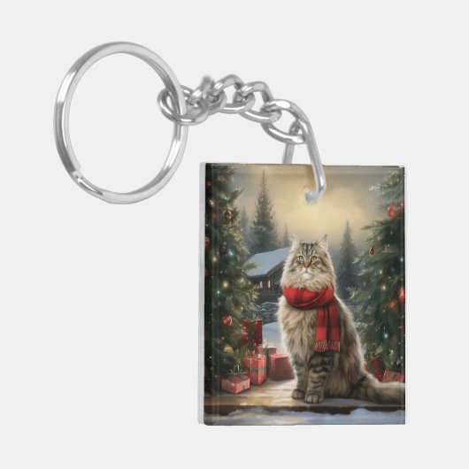 Siberische Kat in Sneeuw Kerstmis Sleutelhanger (Voorkant Links)