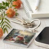 Siberische Kat in Sneeuw Kerstmis Sleutelhanger (Voorkant Rechts)