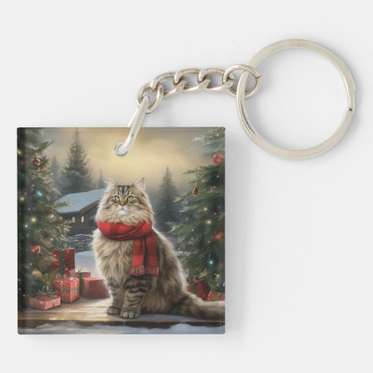 Siberische Kat in Sneeuw Kerstmis Sleutelhanger (Achterkant)