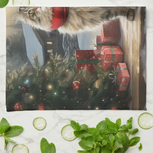 Siberische Kat in Sneeuw Kerstmis Theedoek (Gevouwen)