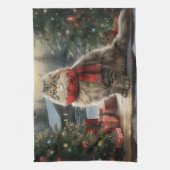 Siberische Kat in Sneeuw Kerstmis Theedoek (Verticaal)