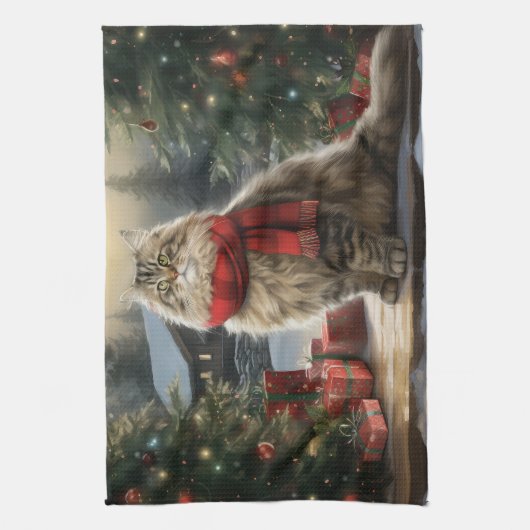 Siberische Kat in Sneeuw Kerstmis Theedoek (Verticaal)