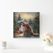 Siberische Kat in Sneeuw Kerstmis Vierkante Klok (Huis)