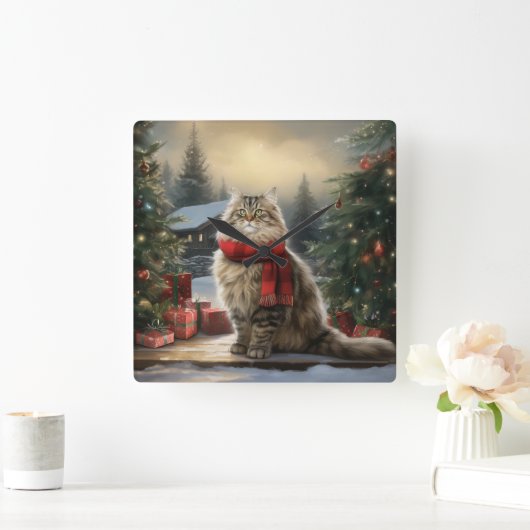 Siberische Kat in Sneeuw Kerstmis Vierkante Klok (Huis)