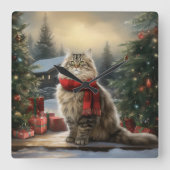 Siberische Kat in Sneeuw Kerstmis Vierkante Klok (Voorkant)