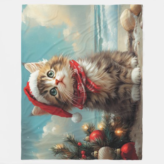 Siberische Kat Kerst Strand Fleece Deken (Voorkant)