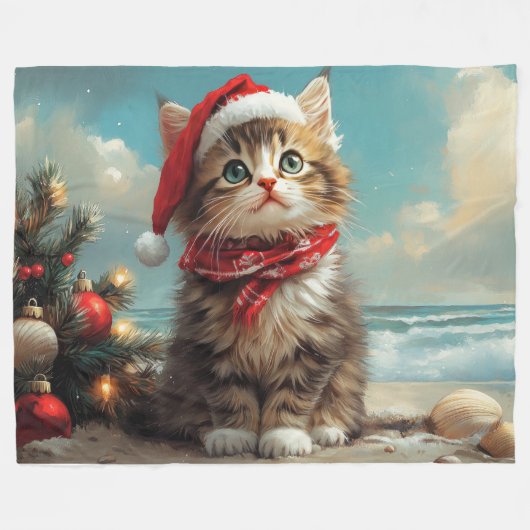 Siberische Kat Kerst Strand Fleece Deken (Voorkant (Horizontaal))