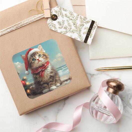 Siberische Kat Kerst  Strand Vierkante Sticker (Geschenken)