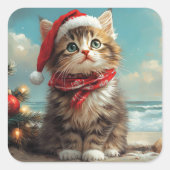 Siberische Kat Kerst  Strand Vierkante Sticker (Voorkant)