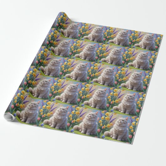 Siberische kat lente bloemen schilderen cadeaupapier (Uitgerold)