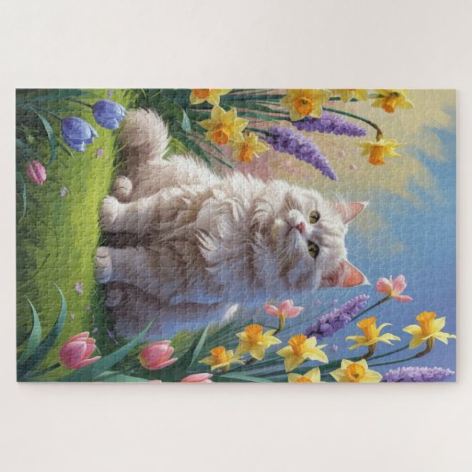 Siberische kat lente bloemen schilderen legpuzzel (Horizontaal)