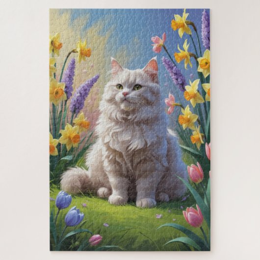 Siberische kat lente bloemen schilderen legpuzzel (Verticaal)