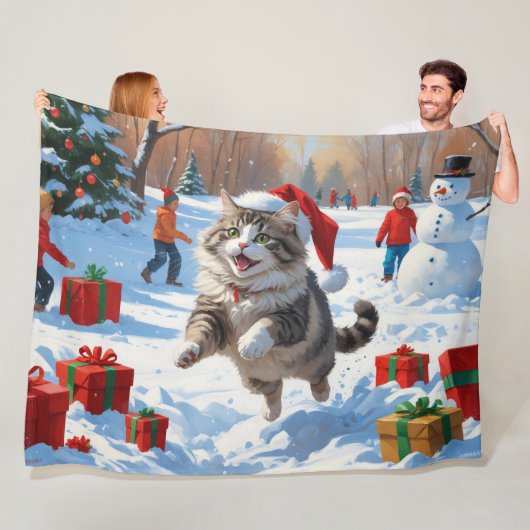 Siberische kat loopt in de sneeuw met kerst Pet Fleece Deken (In situ)