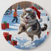 Siberische kat loopt in de sneeuw met kerst Pet Ronde Button 6,0 Cm (Voorkant)