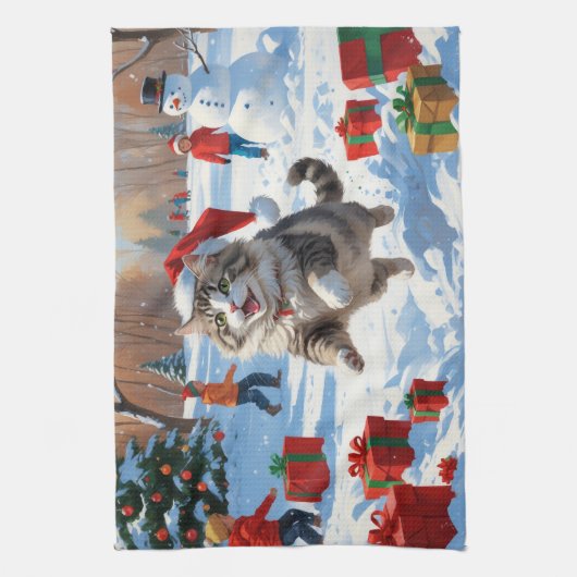 Siberische kat loopt in de sneeuw met kerst Pet Theedoek (Verticaal)