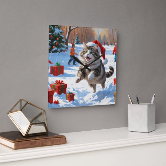 Siberische kat loopt in de sneeuw met kerst Pet Vierkante Klok (Kantoor)