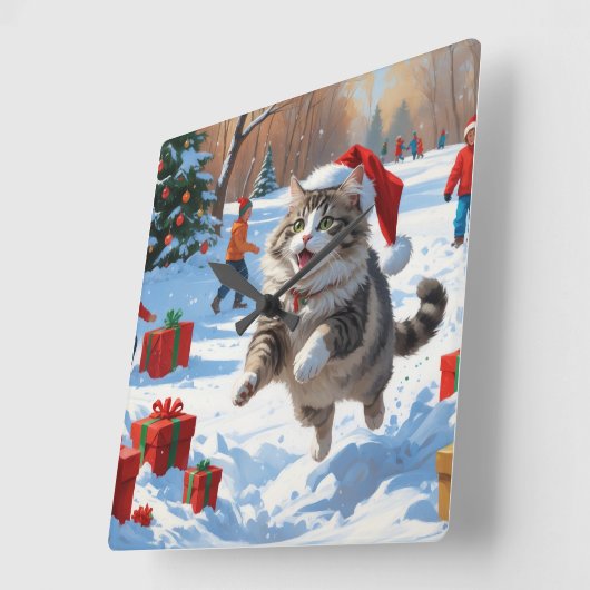 Siberische kat loopt in de sneeuw met kerst Pet Vierkante Klok (Hoek)