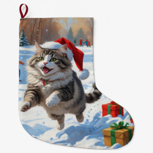 Siberische kat loopt in de sneeuw met kerstmuts grote kerstsok