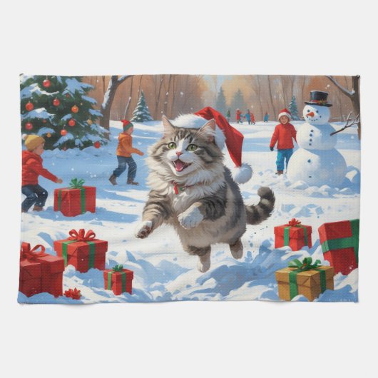 Siberische kat loopt in de sneeuw met kerstmuts theedoek (Horizontaal)