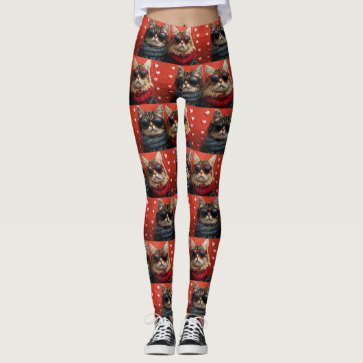 Siberische kat met hartrozen Valentijnsdag Leggings (Voorkant)