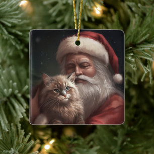 Siberische Kat Met Sinterklaas Feestelijke Kerstmi Keramisch Ornament