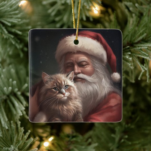 Siberische Kat Met Sinterklaas Feestelijke Kerstmi Keramisch Ornament (Boom)