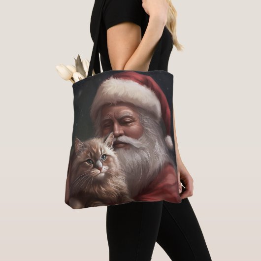 Siberische Kat Met Sinterklaas Feestelijke Kerstmi Tote Bag (Dichtbij)