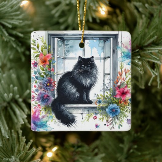 Siberische kat op raam met Waterverf spatten Keramisch Ornament (Boom)