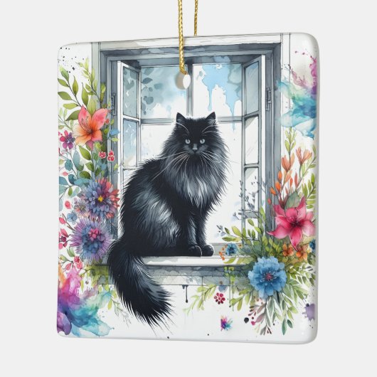 Siberische kat op raam met Waterverf spatten Keramisch Ornament (Links)