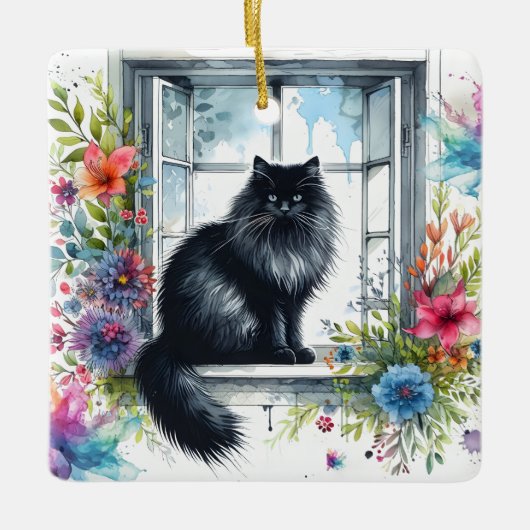 Siberische kat op raam met Waterverf spatten Keramisch Ornament (Voorkant)